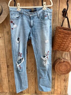 Lucky Brand Light Blue Straight-Leg Jeans with Red Floral Embroidery